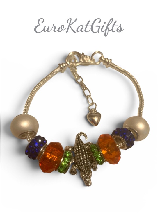 Hand Crafted Jewelry - NWT Handmade Silver Gator Alligator Bracelet Orange, Green & Blue Accents NEW